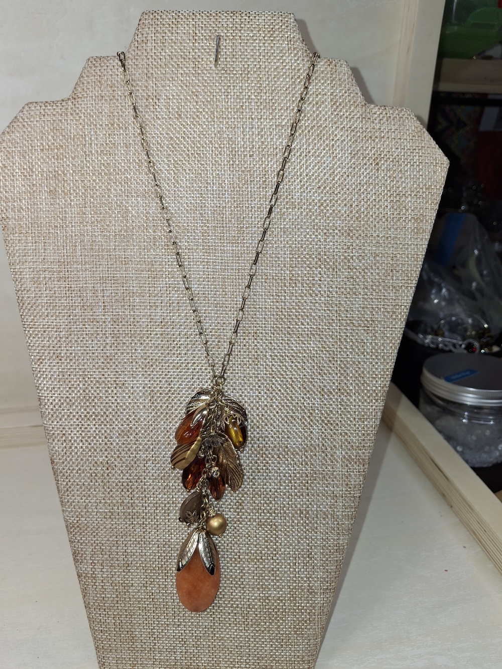 Gold-Tone Leaf Cluster Pendant Necklace with Amber Accents